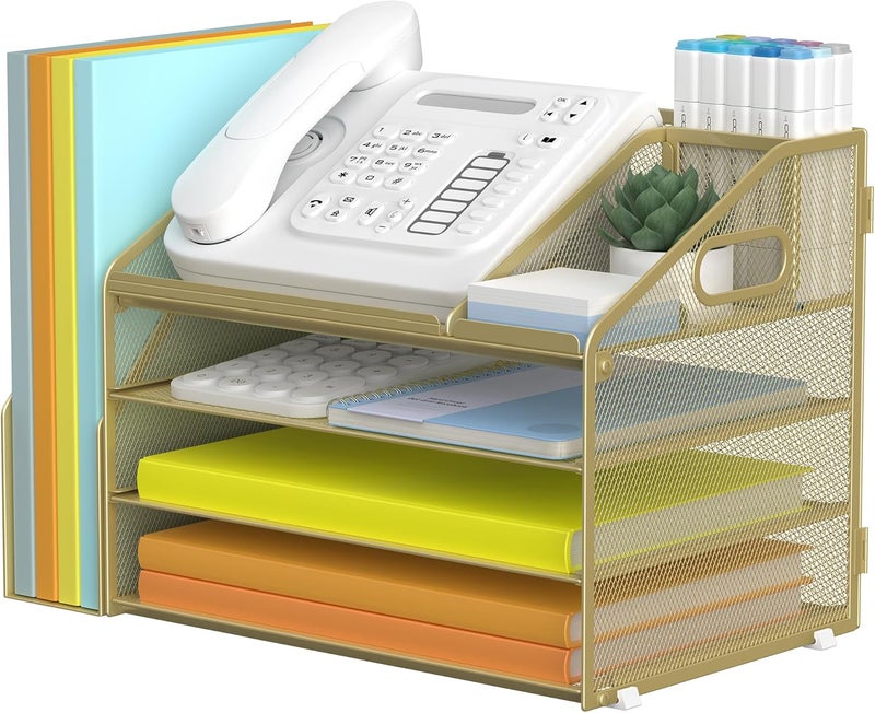 Docnest 4 Tier Paper Letter Tray File Organizer, Mesh Desk File with Handle, Workspace Desk Organizers with Pen Holder, Office Organization Storage Accessories - Gold Yellow - Image 1